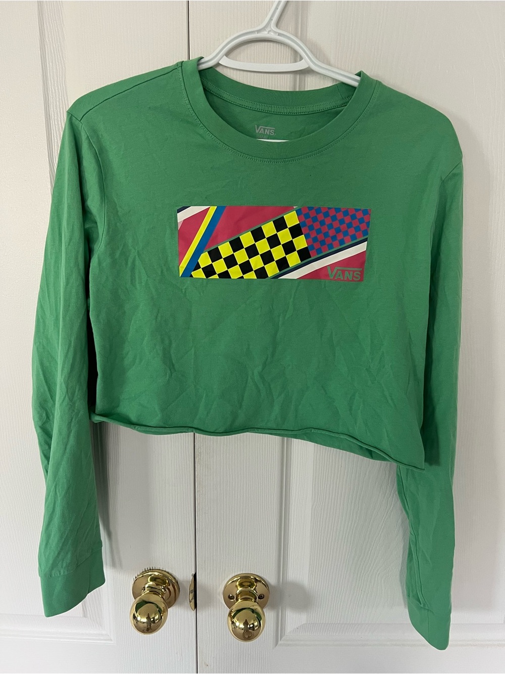 Vans Green Long Sleeve Crop Top with Multicolor Checker Graphic
